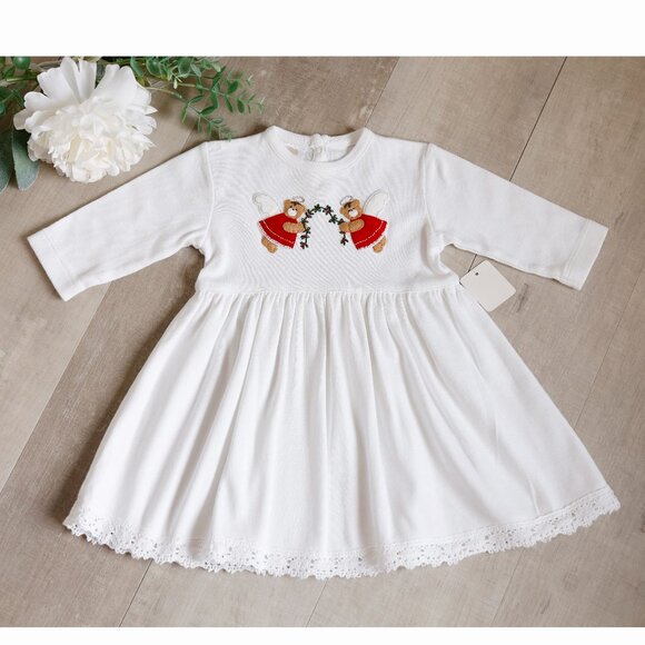 Baby Girl's White 100% Cotton Long Sleeve Dress Crocheted Lace Angel Bear - Picture 1 of 4